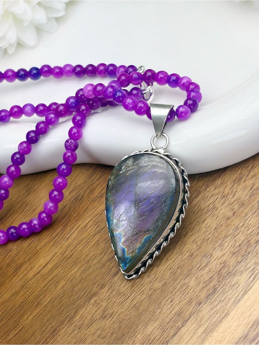Purple Labradorite Pendant Necklace Boho Southwest Sterling Silver 925 Overlay - Picture 4 of 8